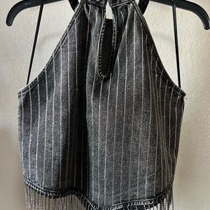 Rodeo Fave! Denim Rhinestone Fringe Halter Top